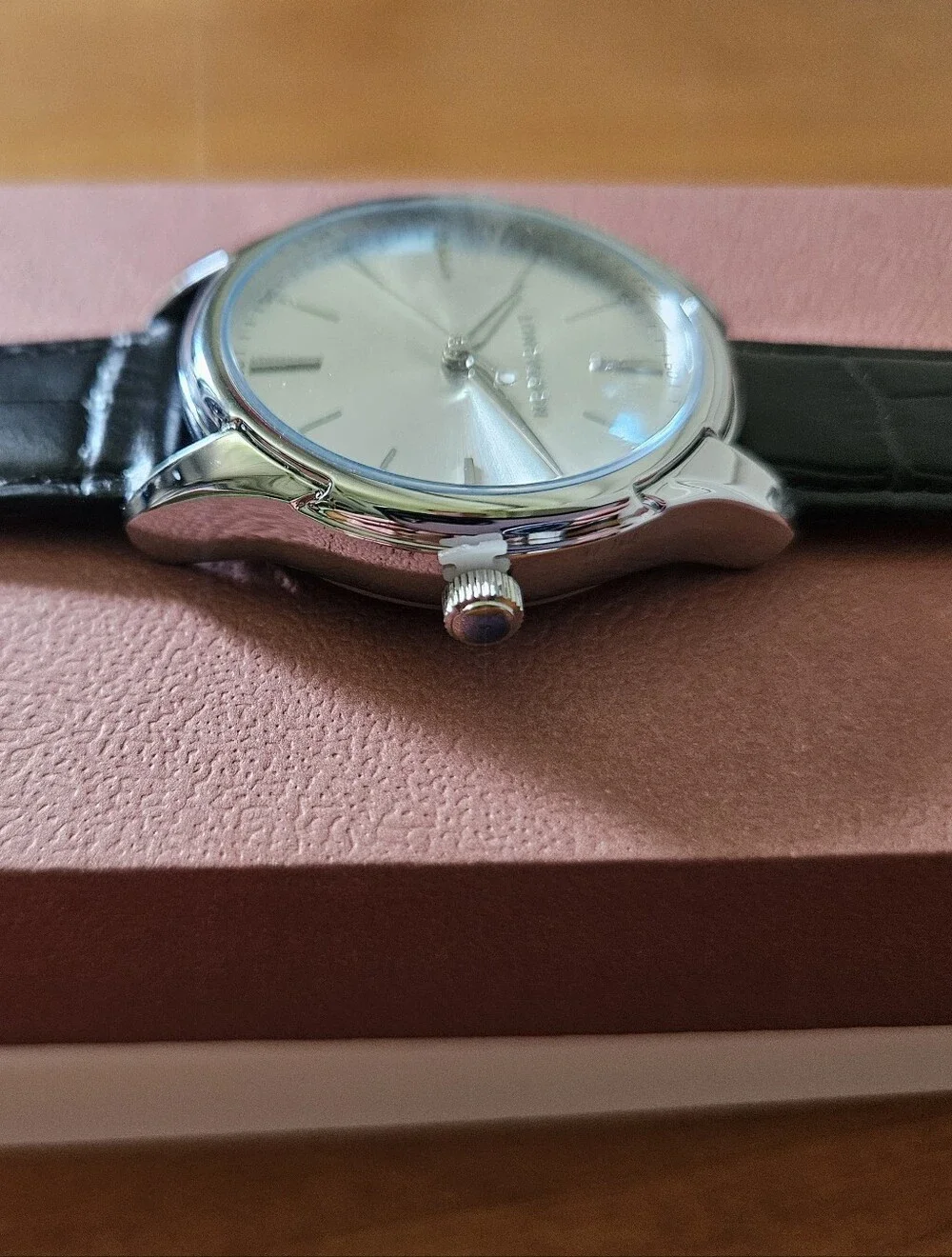 Longvadon NIB! Men's Black Leather and Silver Dial Watch
